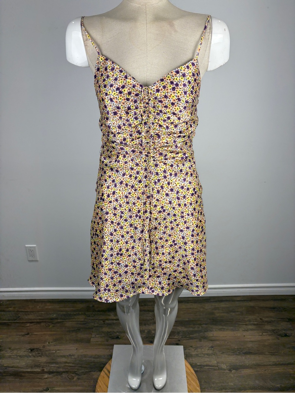 Zara Satin Effect Floral Ruched Mini Dress Yellow Purple XS